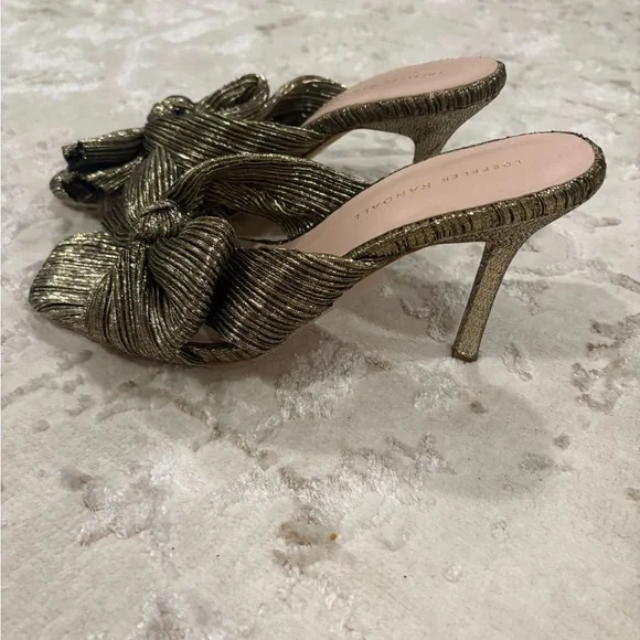 Loeffler Randall Claudia Gold Bow Heeled Sandals - Picture 3 of 7